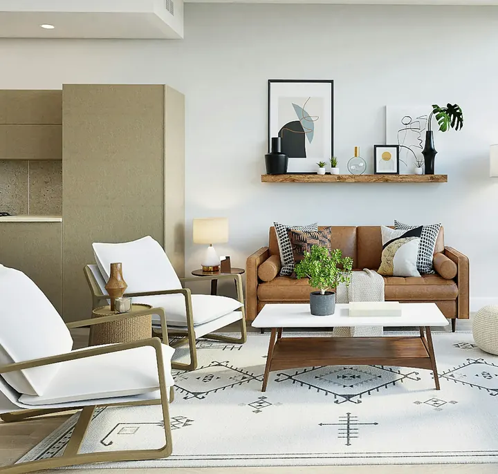 Bright modern city condo living room with floor-to-ceiling windows and high-rise views